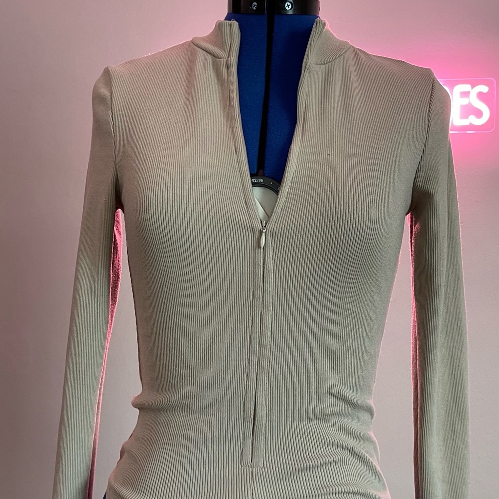 Fashion Nova Beige Long Sleeve Zip Up Bodysuit